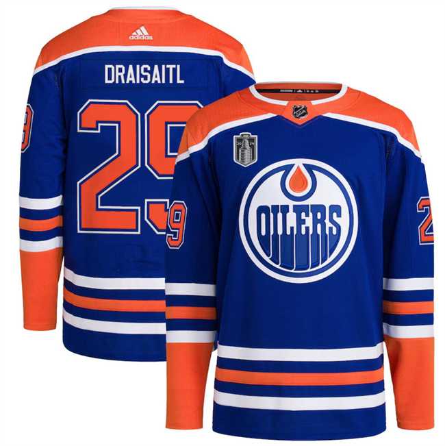 Men%27s Edmonton Oilers #29 Leon Draisaitl Royal 2024 Stanley Cup Final Patch Stitched Jersey Dzhi